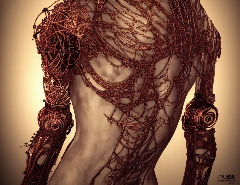 Prompt: techno - embroidered flesh decorated with filigree and beads, safe for work, by award - winning concept artist, dynamic composition, backlighting, radiant light