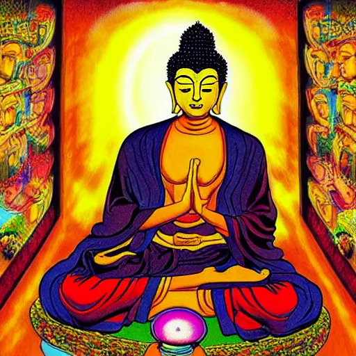 Prompt: the buddha as a DMT machine elf by “alex gray”