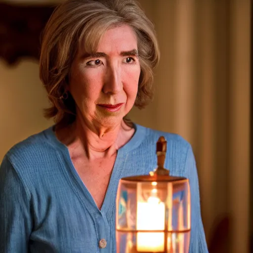 Image similar to a cinematic medium shot of lin shaye holding an oil lamp, realistic, cinematography, dutch angle, 5 0 mm, 3 point lighting, dark setting