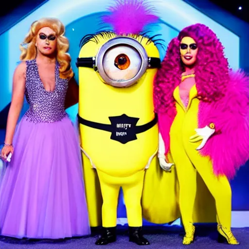 Image similar to minions competing on ru Paul’s drag race