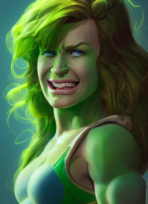 Image similar to she hulk portrait, hyper detailed, digital art, trending in artstation, cinematic lighting, studio quality, smooth render, unreal engine 5 rendered, octane rendered, art style by klimt and nixeu and ian sprigger and wlop and krenz cushart.