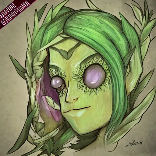 Image similar to plant monster, trending on art station, amber eyes and a smug smile