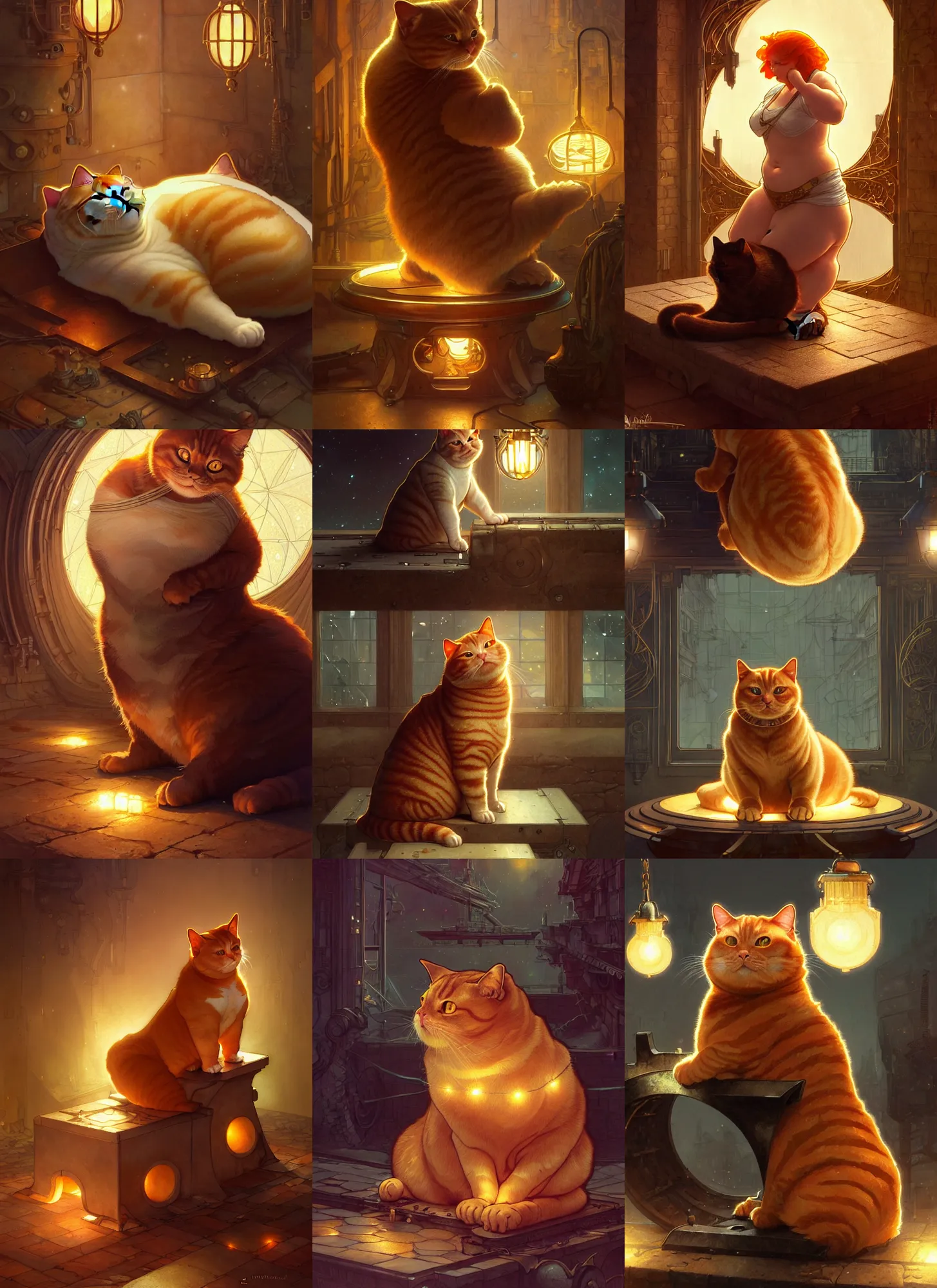 Prompt: a fat ginger cat laying on a blacksmith anvil, beautiful glowing lights, sci - fi, stunning, intricate, elegant. highly detailed, digital painting. artstation. smooth. sharp focus. illustration. art by artgerm and greg rutkowski and alphonse mucha