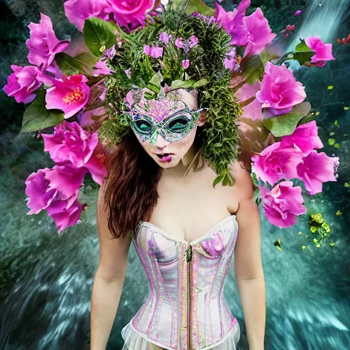 Prompt: youthful water dryad fairy wearing corset and shorts, wearing intricately detailed masquerade mask on face, standing in a swirling rock pool, swirling fuschia flowers, fashion photography, costume design, illustration, symmetrical face and body, single face, perfect proportions, cinematic color grading, editorial photo, fashion, hyperrealism, Charlie Bowater, WLOP, detailed, intricate, elegant, vfx, postprocessing, octane render, 8k