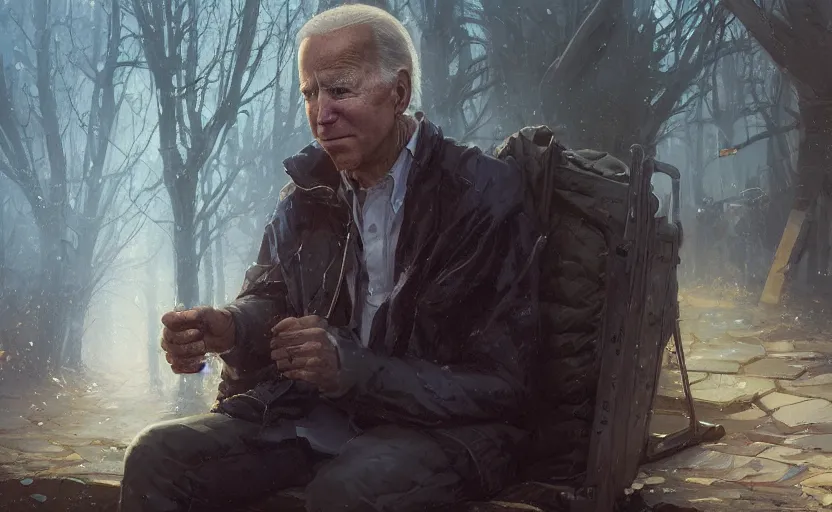 Image similar to highly detailed portrait of joe biden as a homeless, in vr, stephen bliss, unreal engine, fantasy art by greg rutkowski, loish, rhads, ferdinand knab, makoto shinkai and lois van baarle, ilya kuvshinov, rossdraws, tom bagshaw, global illumination, radiant light, detailed and intricate environment