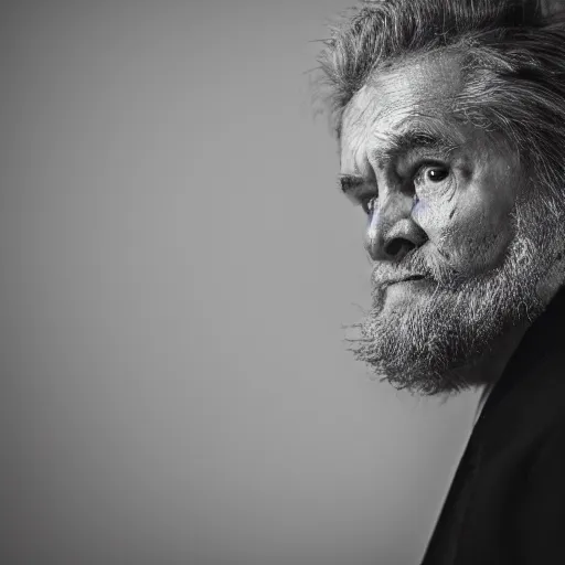 Image similar to photograph of old man wearing suit, sinister, dark circles under eyes, overweight, sagging skin, caucasian, hair becoming gray, cult leader, sigma 85mm f/1.4, 4k, depth of field, high resolution, 4k, 8k, hd, full color