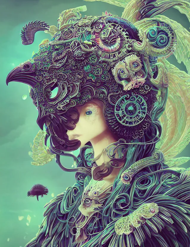 Image similar to 3 d goddess close - up profile solarpunk portrait ram skull. beautiful intricately detailed japanese crow kitsune mask and clasical japanese kimono. betta fish, jellyfish phoenix, bio luminescent, plasma, ice, water, wind, creature, artwork by tooth wu and wlop and beeple and greg rutkowski