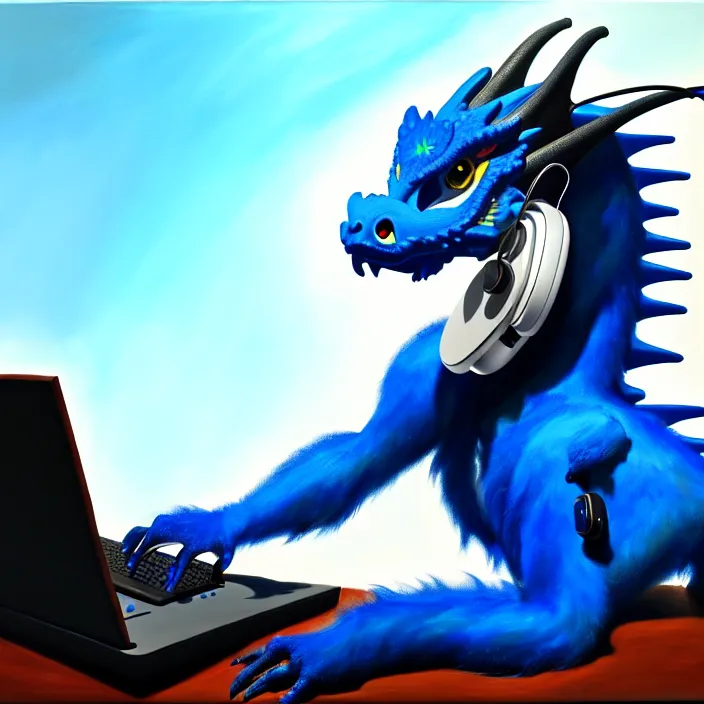 Image similar to a photorealistic painting of an anthropomorphic blue western dragon wearing headphones, laptop, oil on canvas, furry, soft lighting