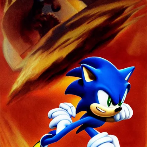 Image similar to sonic the hedgehog, by frank frazetta, digital painting masterpiece, beautiful brush strokes, advanced lighting technology, symmetry