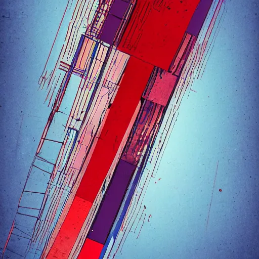 Prompt: the brittle. digital painting, vertical, intricate, beautiful, detailed, grunge, illustration, abstract art by el lissitzky, trending on artstation. blue, dark red and dark purple color scheme, gradient darker to bottom