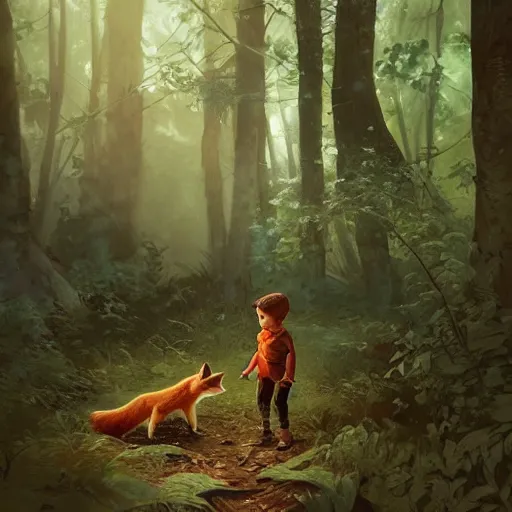 Prompt: a little boy talking to a fox in the woods. highly detailed, digital painting, artstation, concept art, smooth, sharp focus, illustration, cinematic lighting, art by artgerm and greg rutkowski and alphonse mucha