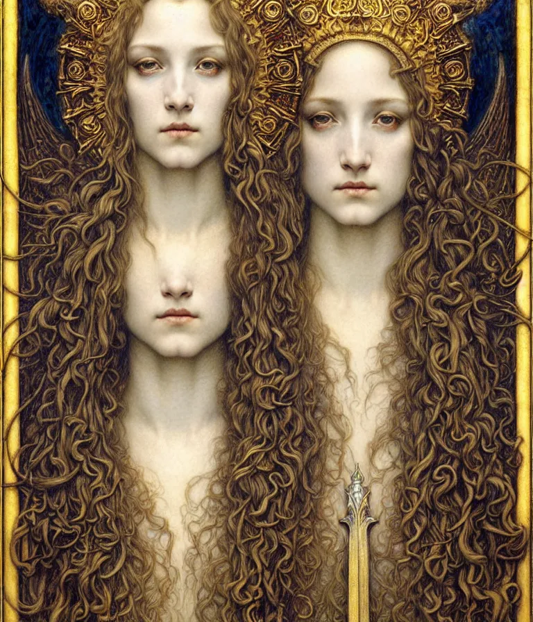 Image similar to detailed realistic beautiful young medieval queen face portrait by jean delville, gustave dore and marco mazzoni, art nouveau, symbolist, visionary, gothic, pre - raphaelite. horizontal symmetry