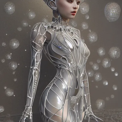 Image similar to full body detailed, ethereal chrome dress, biomechanical, covered in diamonds and other gems glowing, highly detailed face, elegant posed, intricate, extremy detailed, beeple, cgsociety, 3 d unreal engine octane render. cinematic lighting, highly detailed 4 k art