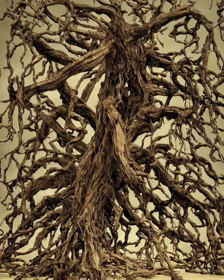 Image similar to A wretched mythical tree made of human flesh, limbs and bones.