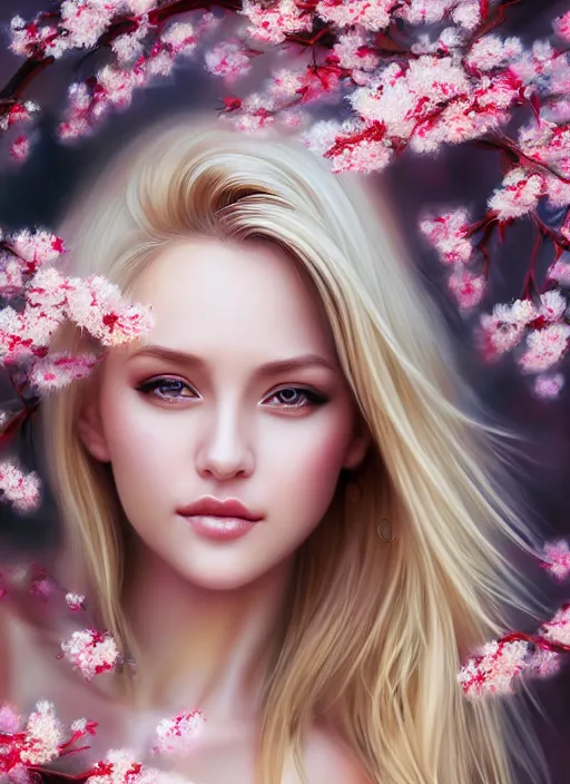 Image similar to photo of a gorgeous blonde female in the style of stefan kostic, realistic, half body shot, sharp focus, 8 k high definition, insanely detailed, intricate, elegant, art by stanley lau and artgerm, extreme blur cherry blossoms background
