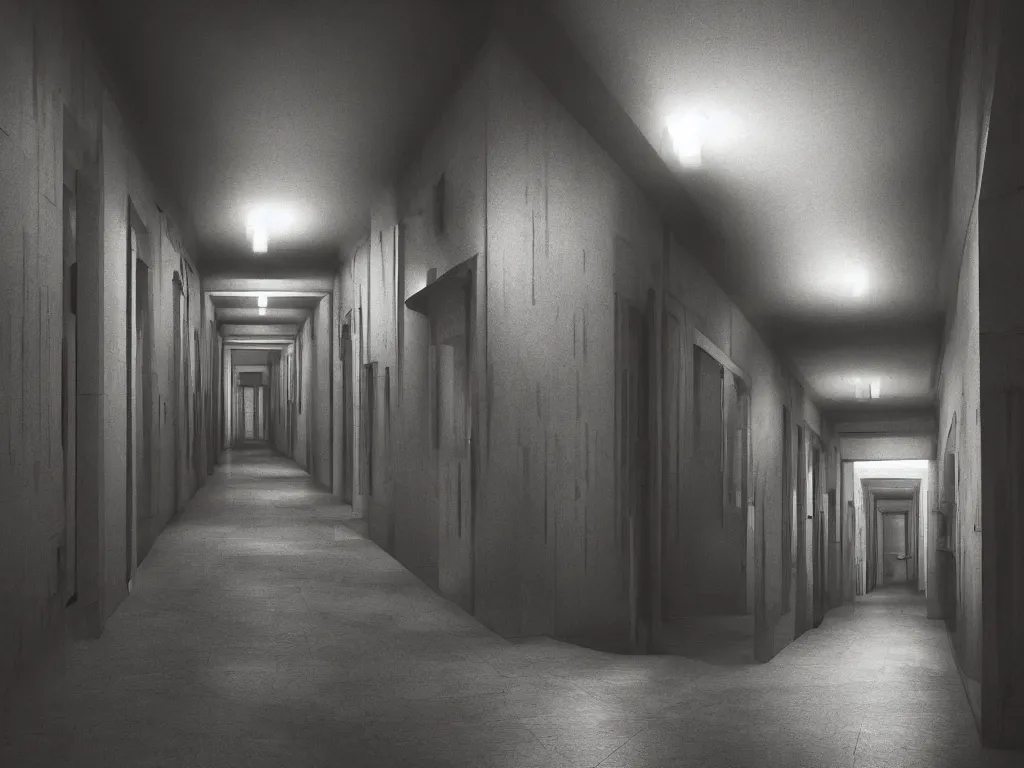 Image similar to dark and dim corridor, haunted, long exposure, detailed, hyper realistic, photorealism, ultra wide angle view, cinematic, peaceful, volumetric lighting