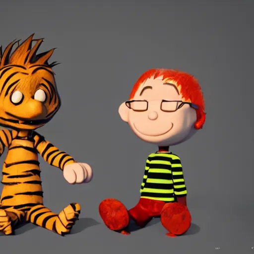 Image similar to calvin and hobbes as depressed and homeless adults on crack rock, octane render, scuplture, concept art