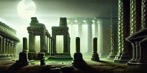 Prompt: beautiful hyperrealistic epic painting of a mysterious intricate cloclwork ruins of the ancient temple, advanced alien technology, a green glowing crystal is inside the temple, by hubert robert and lee madwick and bastien lecouffe deharme, dramatic moonlight lighting