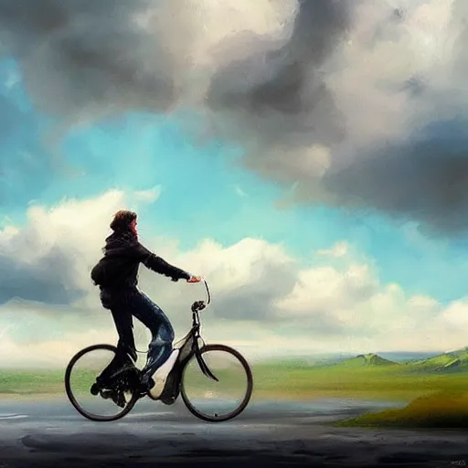 Prompt: A man riding his bicycle through the clouds in the sky, evokes feelings of wonder and amazement, an expressive oil painting by Krenz Cushart