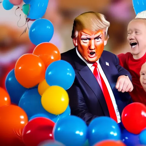 Prompt: Donald trump as a balloon getting bounced around by children at a birthday party, realistic, high detail, vibrant, octane render