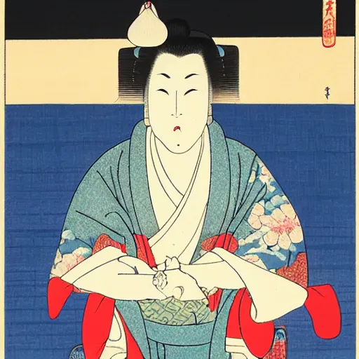 Image similar to urban fantasy ukiyo-e portrait of the androgynous deity of hospitality, wearing a kimono painted with cranes, performing chadō
