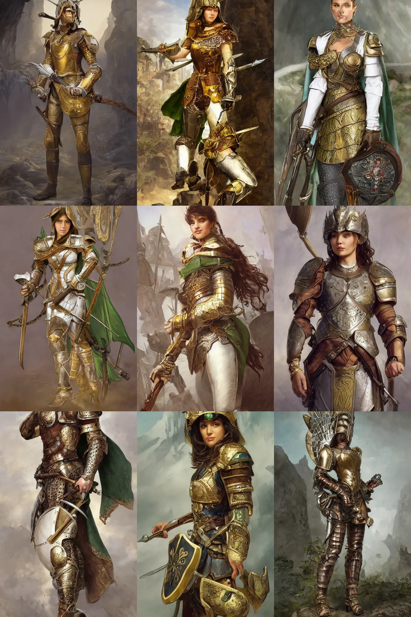 Prompt: full body portrait of a female italian warrior medium length brown hair and a very highly detailed face wearing elegant golden plate mail armor with green and white accents, holding a tower shield and a long flintlock pistol, highly detailed, digital fantasy painting, artstation, character concept art, sharp focus, illustration, art by artgerm and greg rutkowski and alphonse mucha