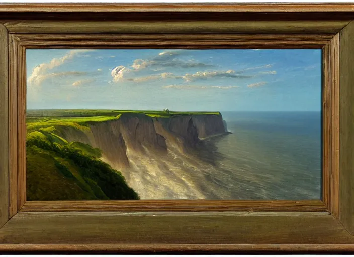 Prompt: cliffs of dover, uk in the style of hudson river school of art, oil on canvas, no frame