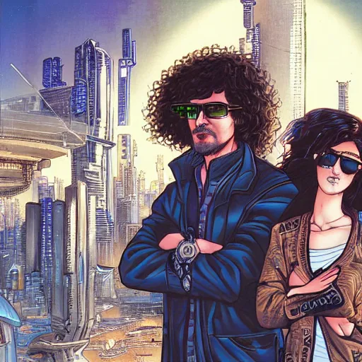 Prompt: Cyberpunk portrait of a curly-haired persian guy with golden round glasses and a cool petite caucasian brunette with straight hair in a cityscape of a futuristic city, by masamune shirow, Clear faces