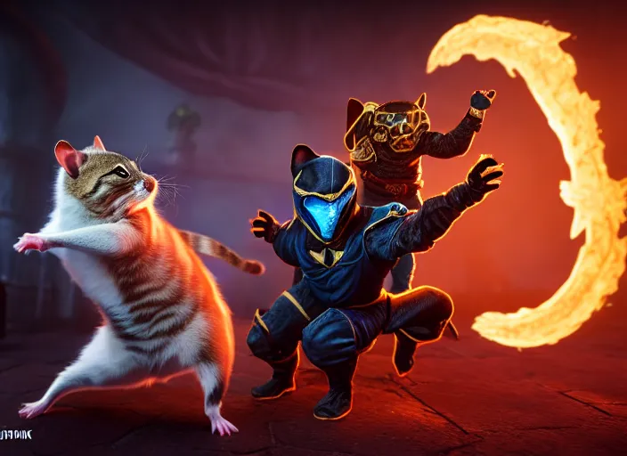 Image similar to hamster dressed as sub zero fights a cat dressed as scorpion in mortal kombat on the background of a laughing shao khan. fantasy magic style. highly detailed 8 k. intricate. lifelike. soft light. sony a 7 r iv 5 5 mm. unreal engine with nanite and path tracing