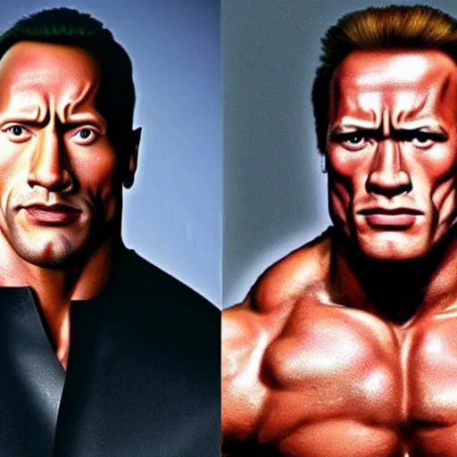 Image similar to ( dwayne johnson ) have a face of arnold arnold schwarzenegger. symmetric face, coherent face, coherent eyes, symmetric eyes