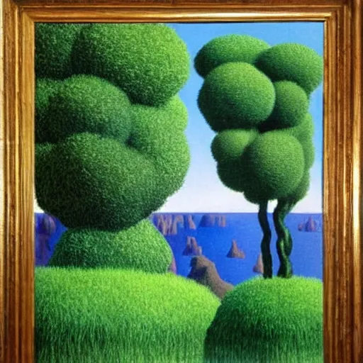 Prompt: painting of a lush natural scene on an alien planet by rene magritte. beautiful landscape. weird vegetation. cliffs and water.