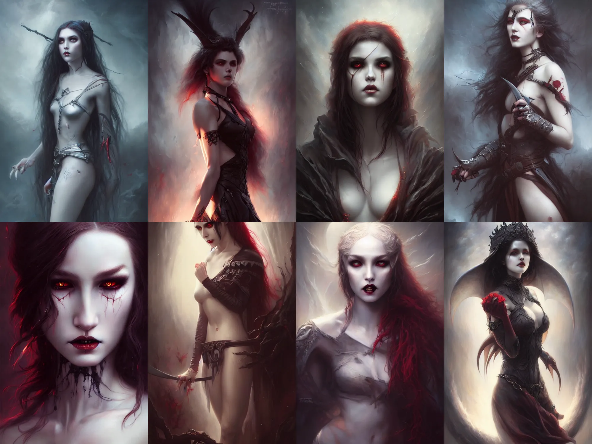 Prompt: a hauntingly beautiful vampire warrior girl, painted by artgerm and tom bagshaw, fantasy art, dramatic lighting, highly detailed oil painting