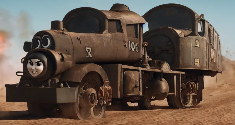 Image similar to armed Thomas the Tank Engine in MAD MAX: FURY ROAD