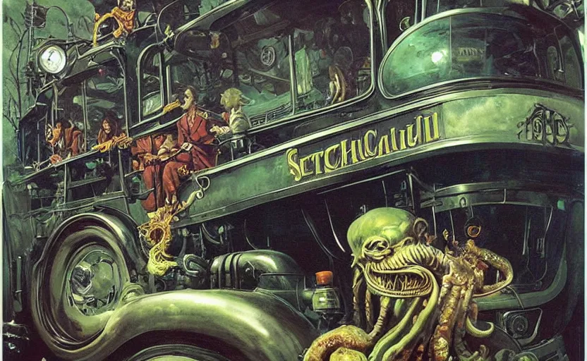 Image similar to cthulhu driving a steampunk school bus. highly detailed science fiction painting by norman rockwell, frank frazetta, and syd mead. rich colors, high contrast, gloomy atmosphere, dark background. trending on artstation