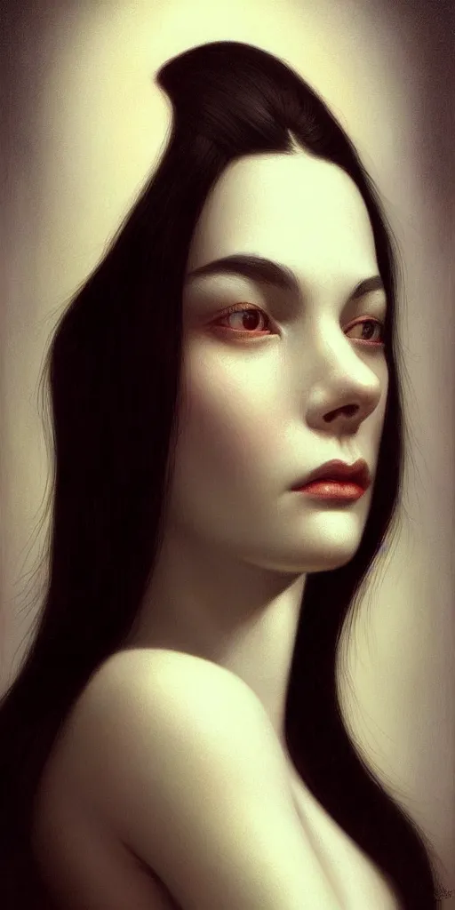 Image similar to very very beautiful portrait photo of chthonic AI face, Perfect face, extremely high details, realistic, by Edward Hopper, Tom Bagshaw , Rene Margitte