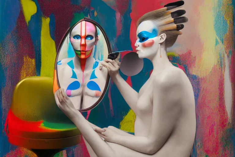 Image similar to portrait of a morphed harlequin sitting on a stool looking into a mirror doing makeup by james jean and luc tuymans and beeple and hernan bas and pat steir and hilma af klint, psychological, 3 d, dripping paint, high quality render, masterpiece