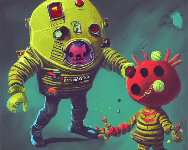 Prompt: astronaut tennis ball monsters, digital art, fantasy, magic, chalk, chalked, trending on artstation, ultra detailed, detailed, fine details, professional illustration by basil gogos