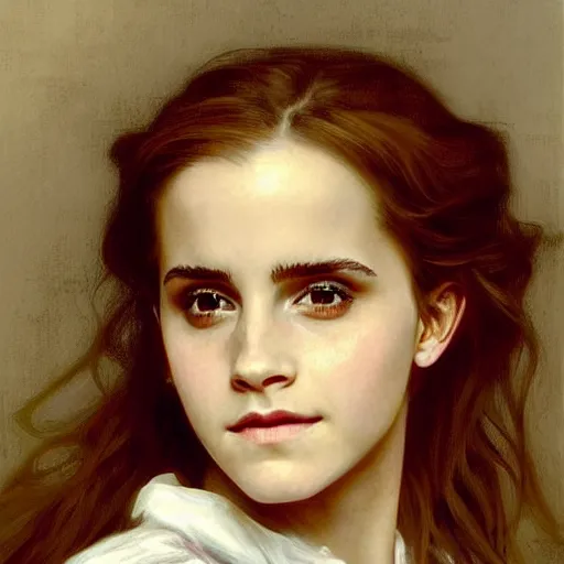 Image similar to painting of emma watson as hermione granger. beautiful. gorgeous. during golden hour. art by william adolphe bouguereau.