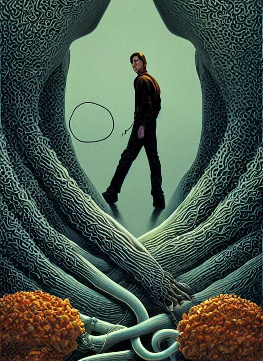 Prompt: poster artwork by Michael Whelan and Tomer Hanuka, Karol Bak of Tom Cruise black tentacles emerge from his back, from scene from Twin Peaks, clean, simple illustration, nostalgic, domestic, full of details