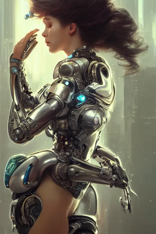 Image similar to Ultra realistic illustration, beautiful alluring female cyborg, cyberpunk, sci-fi, fantasy, intricate, elegant, highly detailed, digital painting, artstation, concept art, smooth, sharp focus, illustration, art by Yintion J , Jiang Geping and artgerm and greg rutkowski and alphonse mucha.