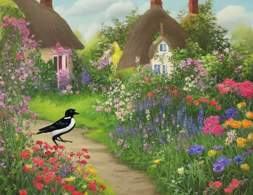 Prompt: magpie in a cottage garden. this oil painting by the beloved children's book illustrator has a beautiful composition, interesting color scheme, flat shading.