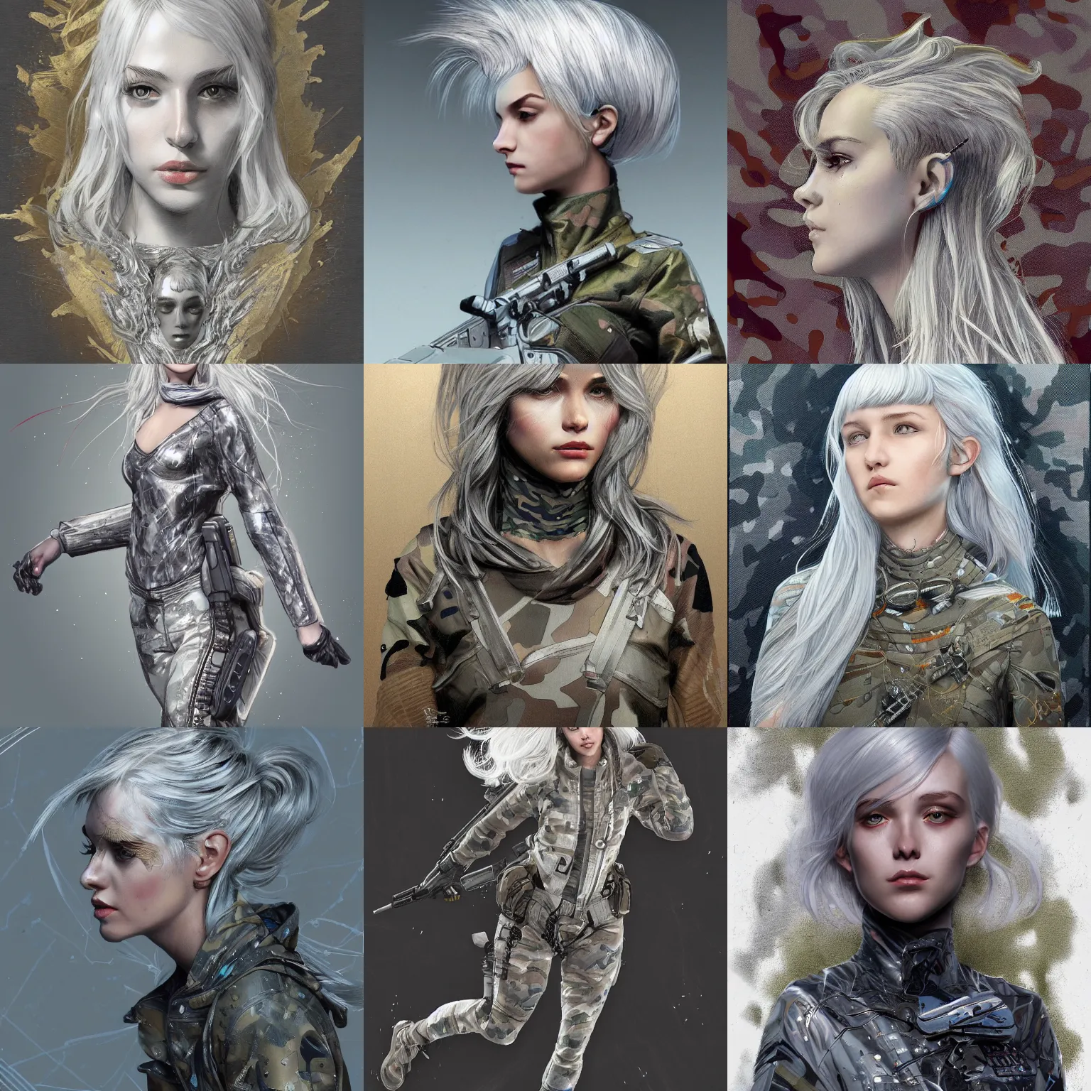 Prompt: silver hair girl, multicam (camo), trending on artstation, detailed, ilustration by Yoann Lossel