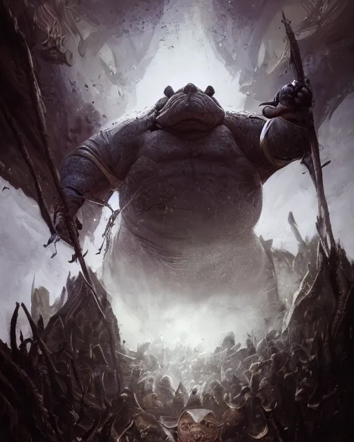 Image similar to Hippo, Anthropomorphized, portrait, as evil warlord general on skull throne, magic the gathering artwork, D&D, fantasy, cinematic lighting, centered, symmetrical, highly detailed, digital painting, artstation, concept art, smooth, sharp focus, illustration, volumetric lighting, epic Composition, 8k, art by Akihiko Yoshida and Greg Rutkowski and Craig Mullins, heroic pose, oil painting, cgsociety, Battlefield background, explosions, arrows