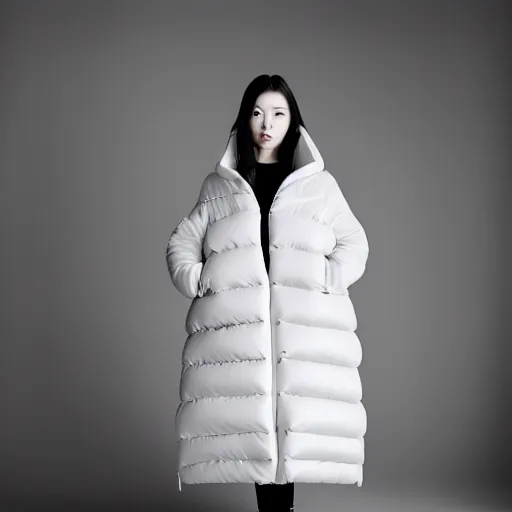 Image similar to extremely beautiful photograph of a young pretty korean woman wearing huge oversized very baggy large puffer jacket in the style of vetements, well lit, studio lighting, glossy, vogue, very realistic and beautiful fashion photography, moncler genius, balenciaga, yeezy, kanye west, balenciaga, vetements