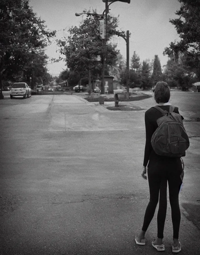 Image similar to “ quiet american neighborhood, a woman waiting holding a backpack, in the style of gregory crewdson ”