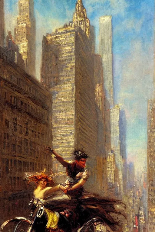 Image similar to painting of a young man flying through new york city. his hands stretched to the side. the city is alive beneath him. art by gaston bussiere.