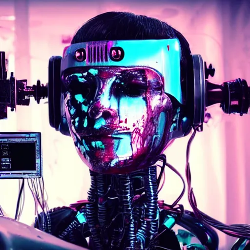 Image similar to Beautiful Photo of Arduino Uno in the robot's head. Cyberpunk. splatterpunk. 4K