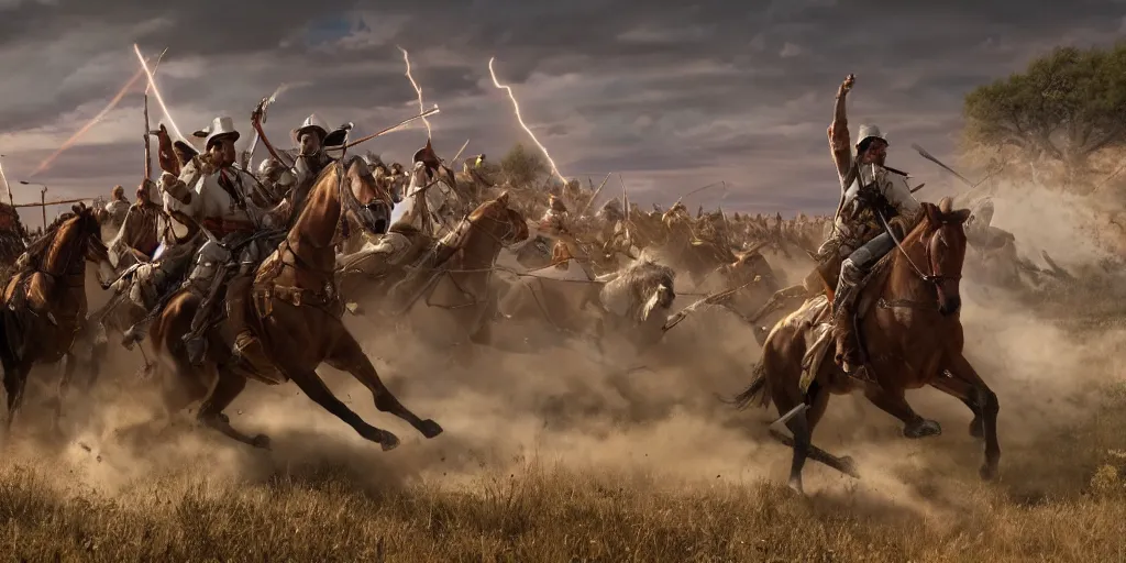 Image similar to an establishing action shot of the ( battle of little bighorn ), majestic horses, desperate action scene, dramatic lighting, cinematic, extremely high detail, photorealistic, cinematic lighting, trending on artstation cgsociety rendered in unreal engine 4 k hq