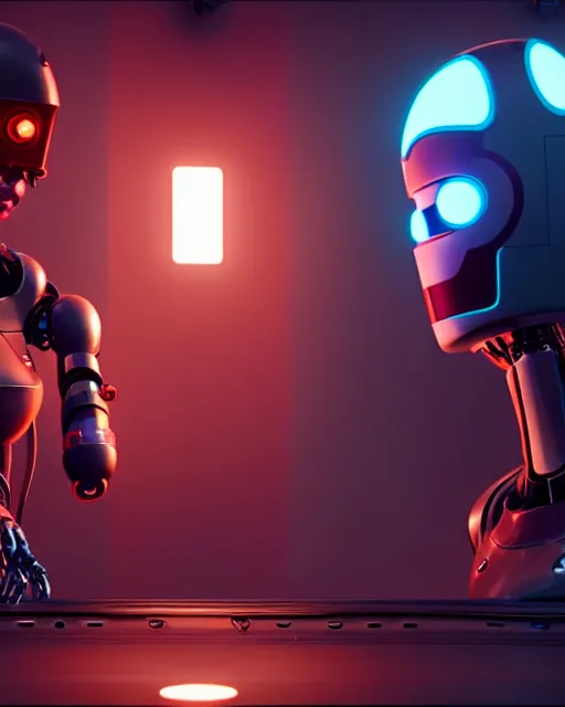 Image similar to robots from the cartoon series love, death and robots two in the void, cyberpunk 2 0 7 7, clemente, francesco may wilson, edward hopper filonov, beautiful face, octane rendering