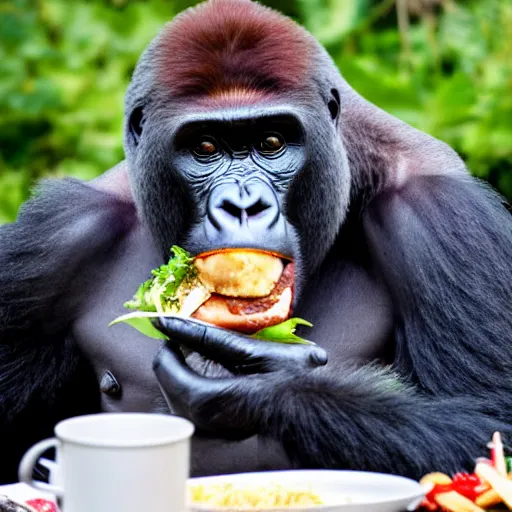 Image similar to gorilla at a fancy 5 star restaurant, eating an entire meal at his seat, 8k